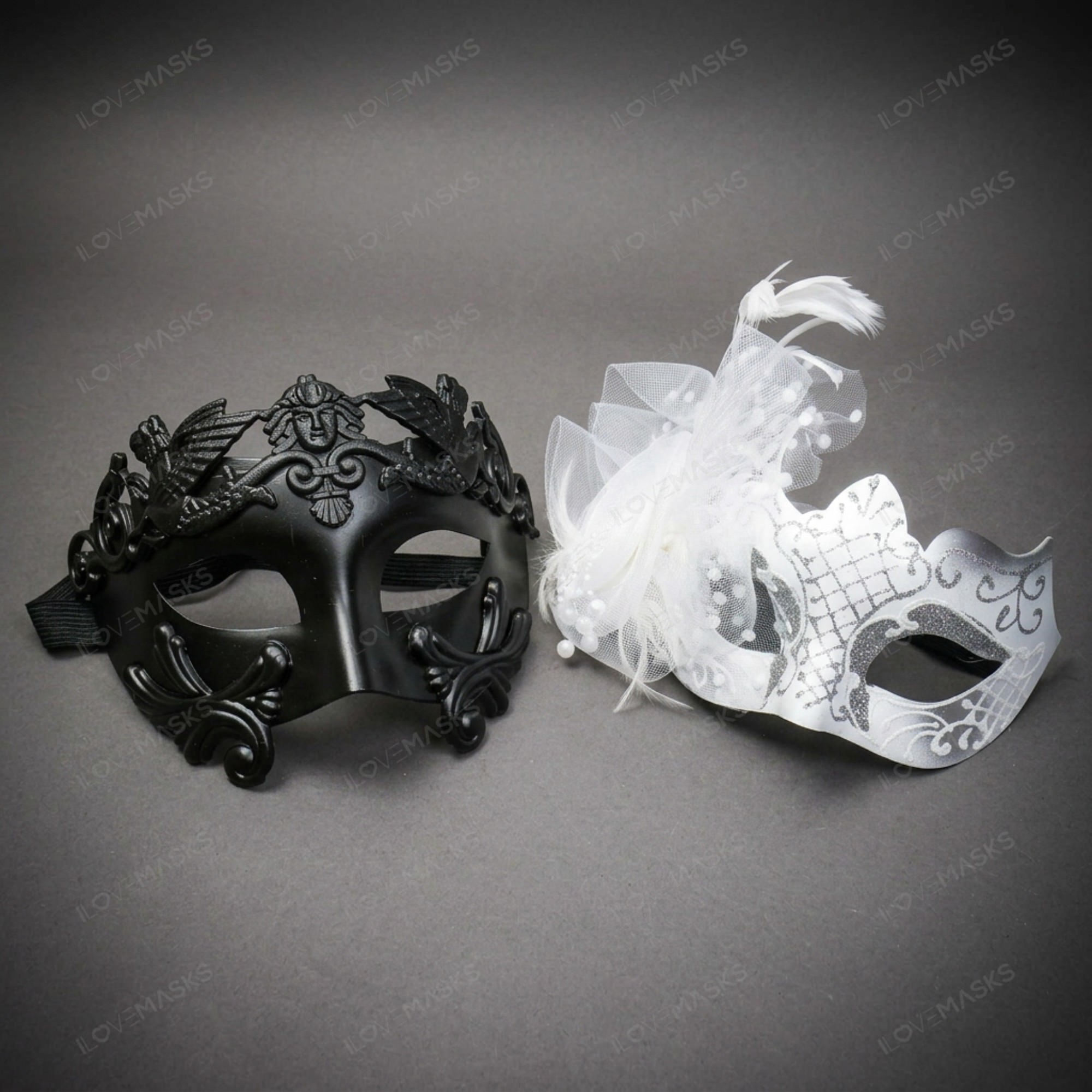 Venetian Ornate Feathered Masquerade Halloween Party Mask Black White